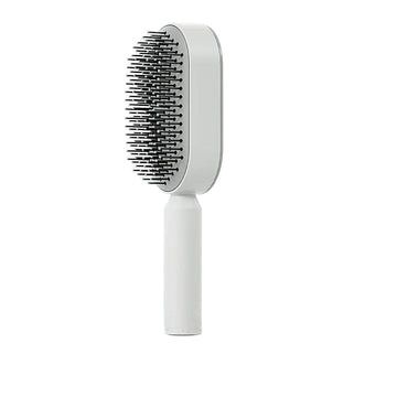 Self‑Cleaning Hair Brush for Women – Anti‑Static Scalp Comb with Airbag Massage in white with black bristles