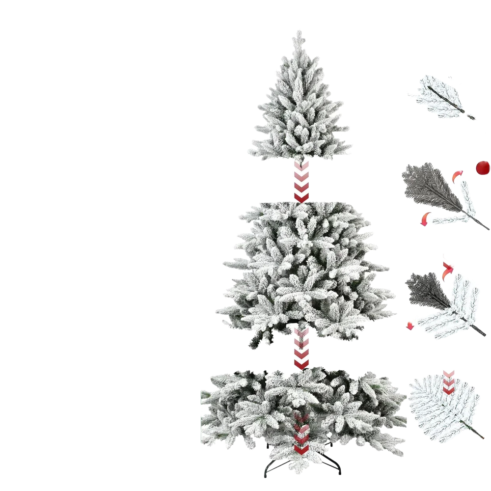 Frosted Christmas tree with decorative elements on a white background
