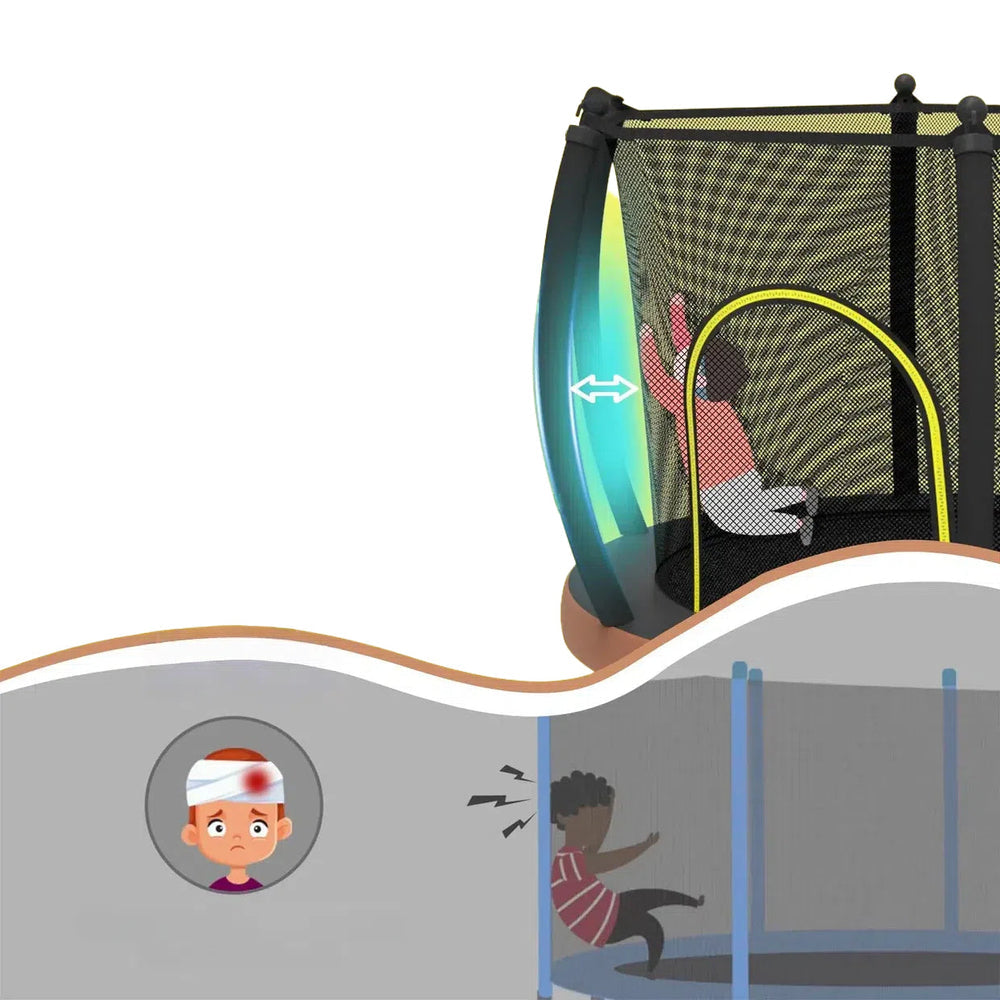 Illustration of a trampoline with safety net and child inside, showing injury prevention.