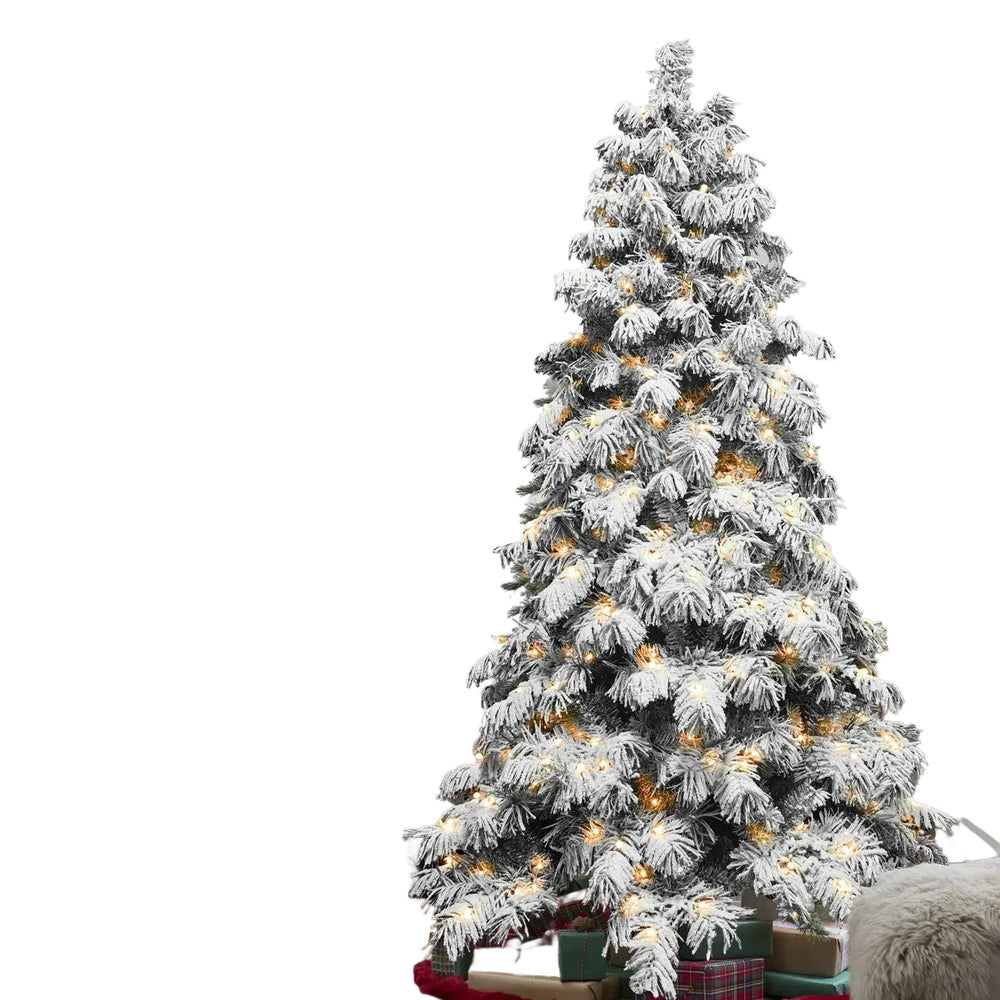 Frosted Christmas tree with lights on a white background