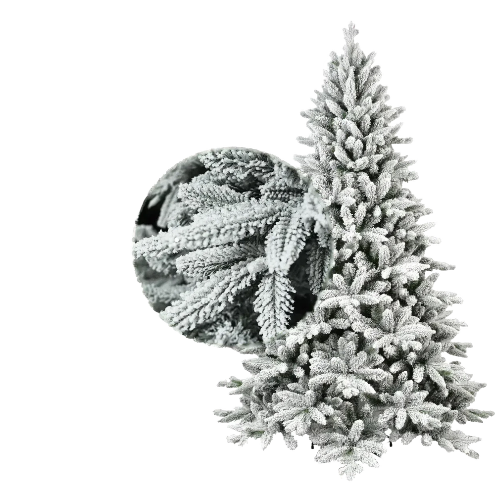 Frosted artificial Christmas tree with a close-up inset on a white background
