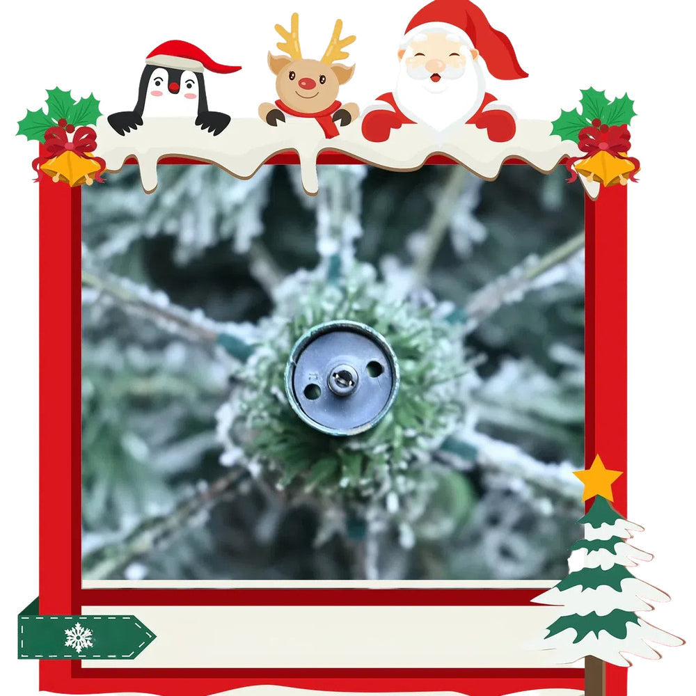 Decorative Christmas frame with Santa, penguin, and reindeer on a snowy tree background.