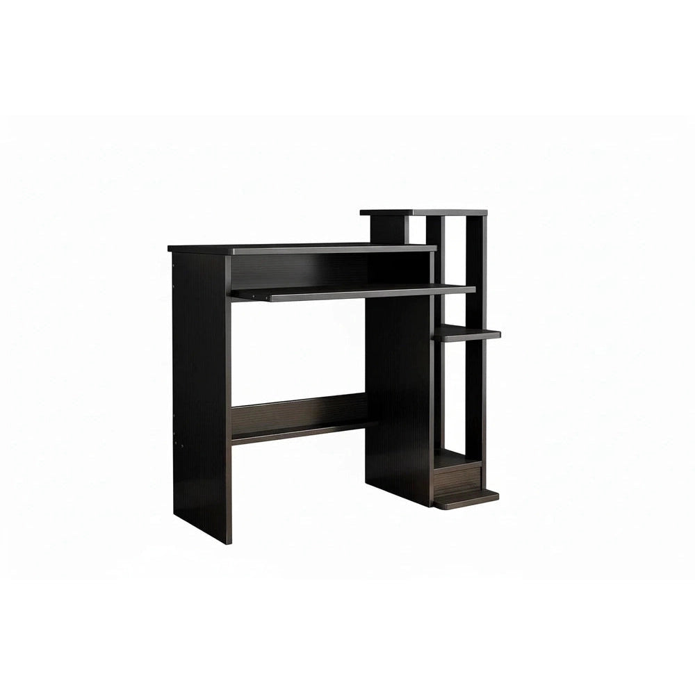 Black computer desk with shelves on a white background