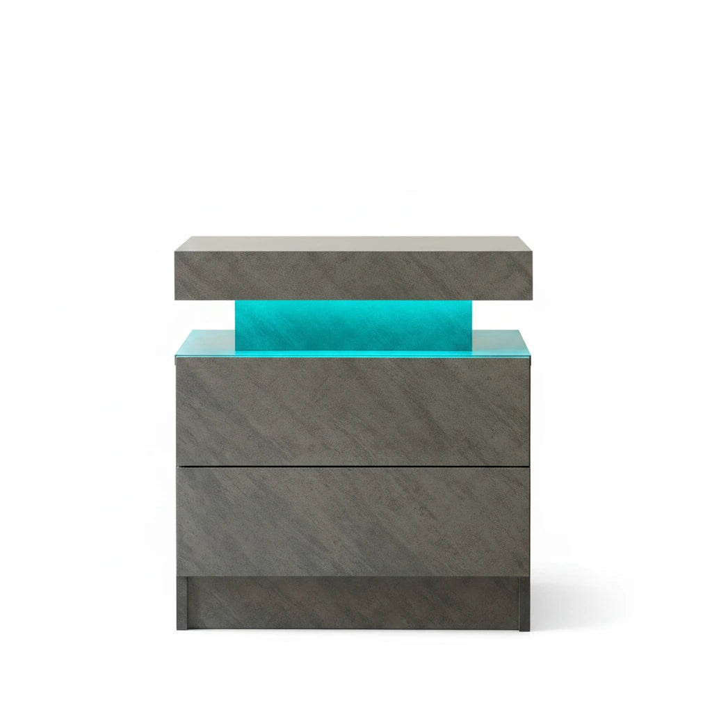 Modern side table with two drawers and a light blue interior on a white background