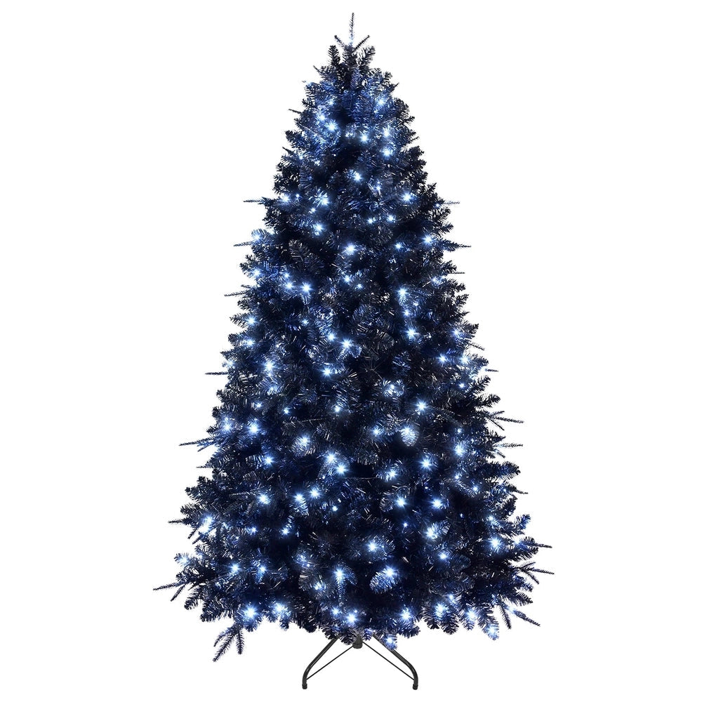 Blue artificial Christmas tree with white lights on a white background