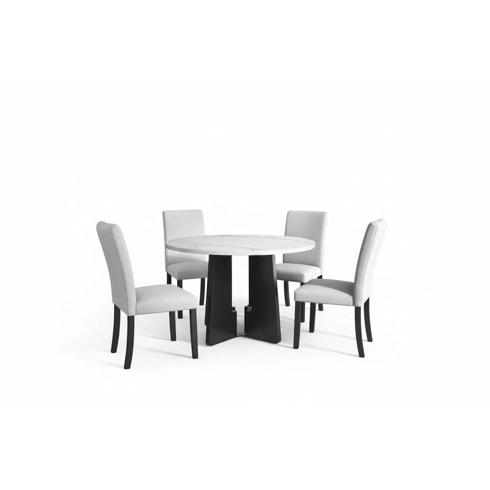Dining table with four chairs on a white background