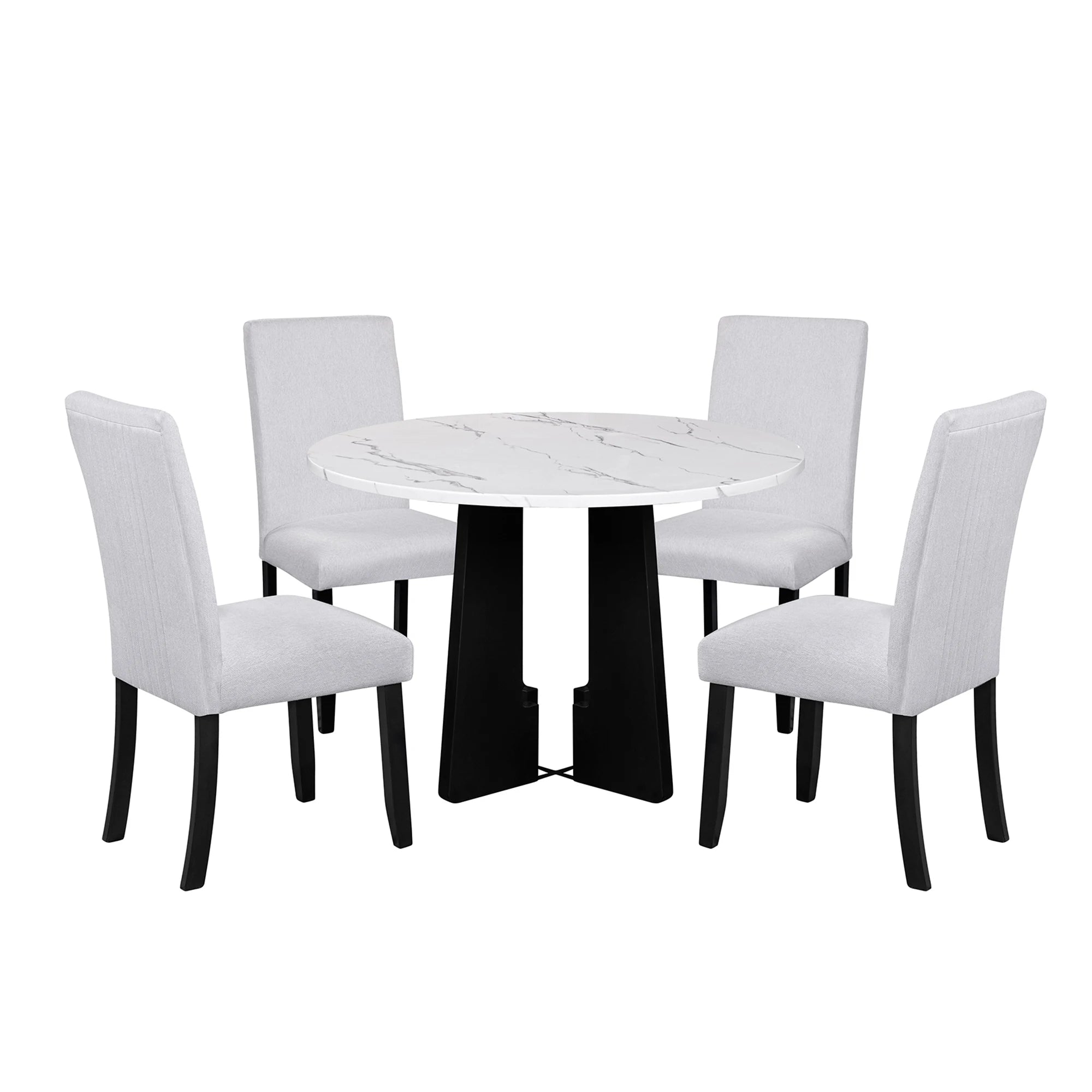 Round dining table with four matching chairs on a white background