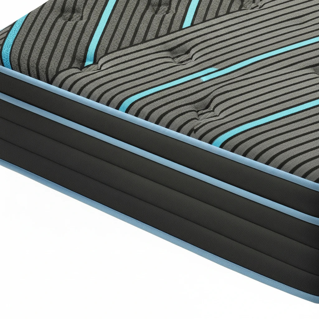 Gray mattress with teal stitching on a white background