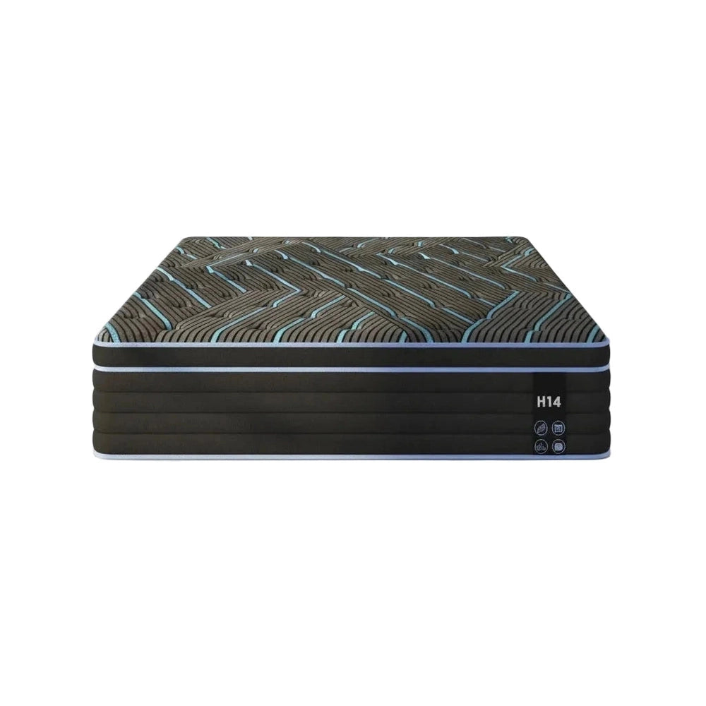 Mattress with a patterned top and visible brand logo on a white background