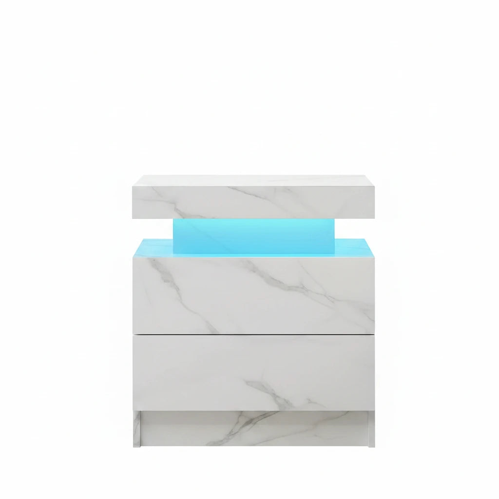 Modern nightstand with marble design and blue LED strip on a white background