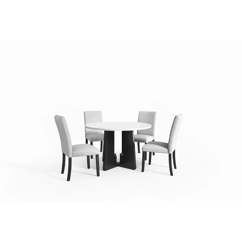 Dining table with four chairs on a white background