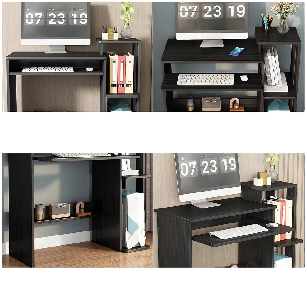 Collage of black office desks with computer setups in various configurations.