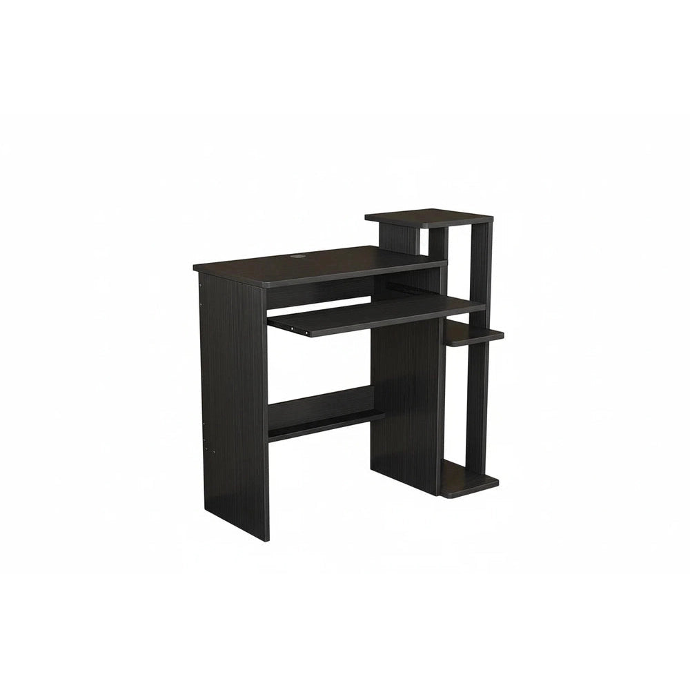 Black computer desk with shelves on a white background
