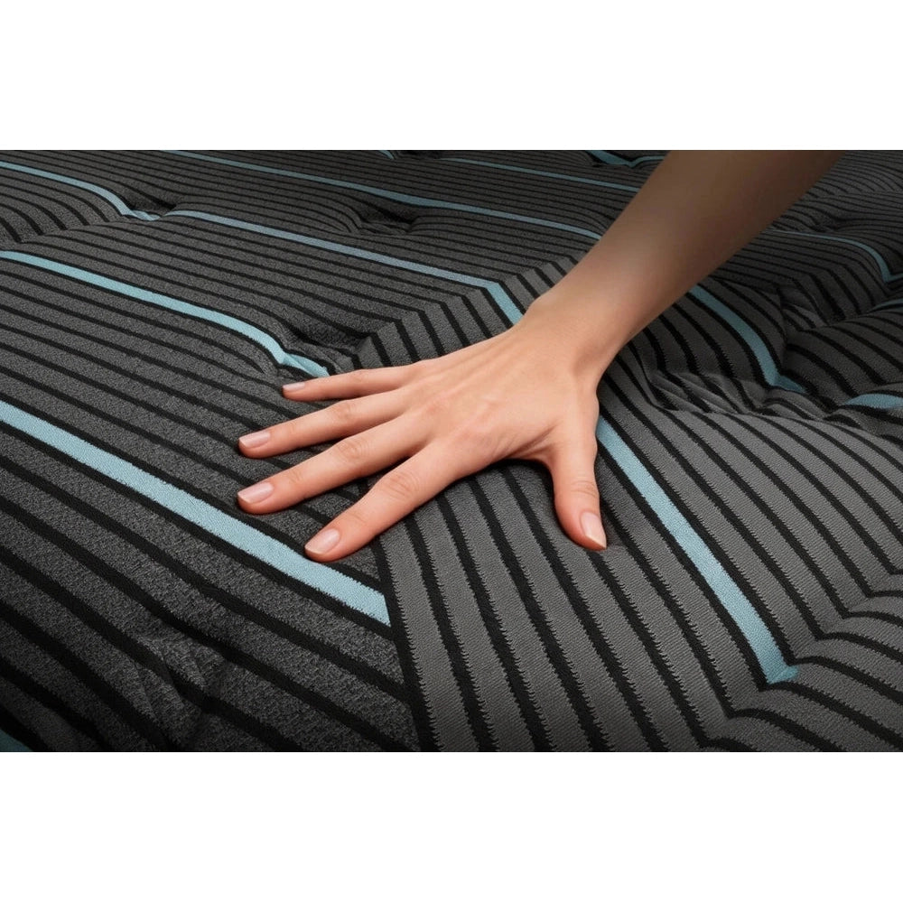 Hand touching a textured surface with blue lines on a white background
