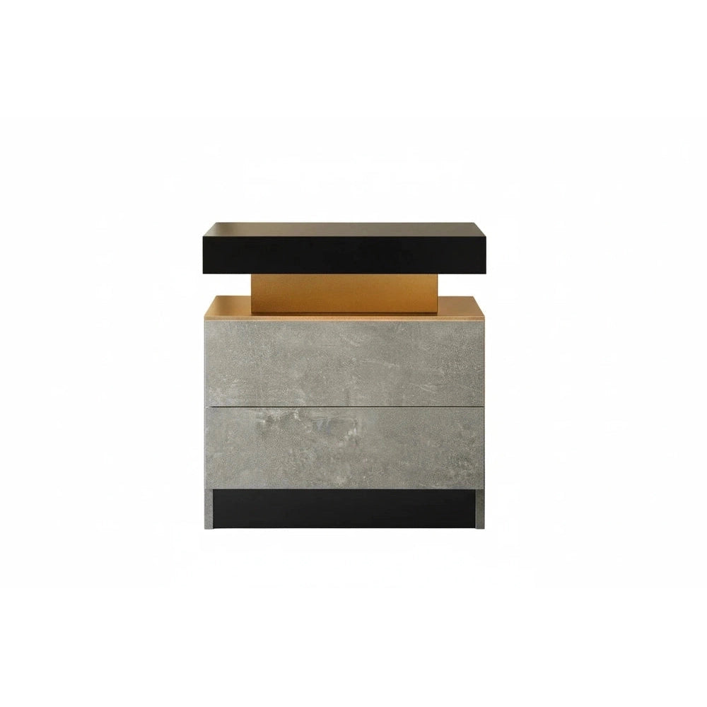 Modern side table with concrete base and black top on a white background