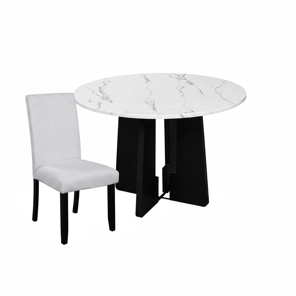 Round marble table with a black base and a white chair on a white background