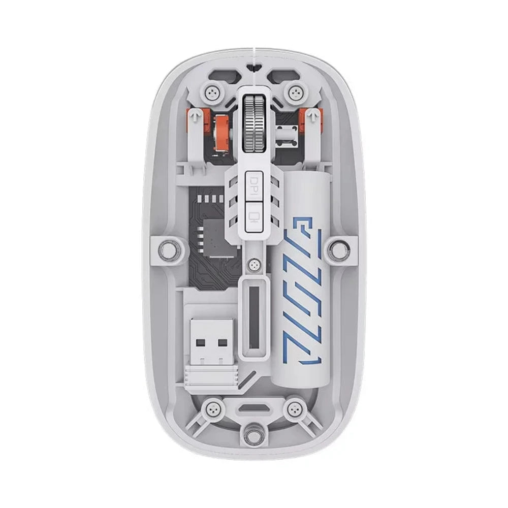 Mechanical gaming mouse with visible components on a white background