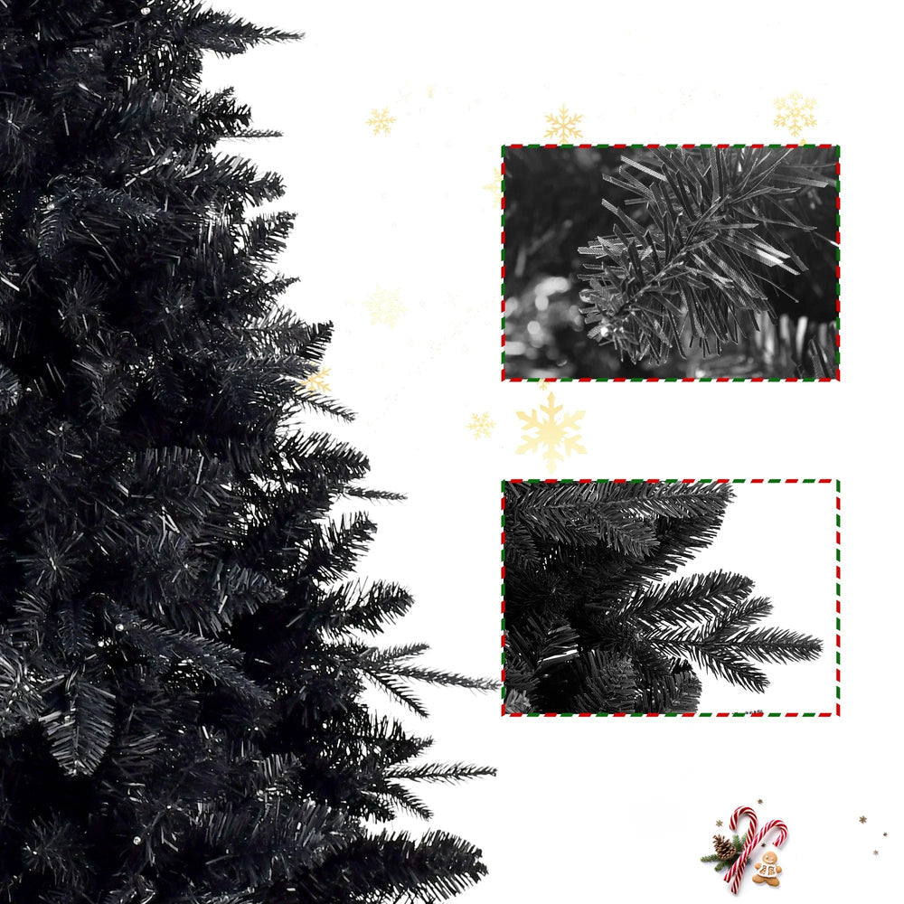 Black artificial Christmas tree with close-up insets on a white background