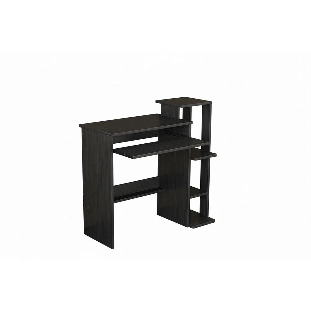 Black computer desk with shelves on a white background