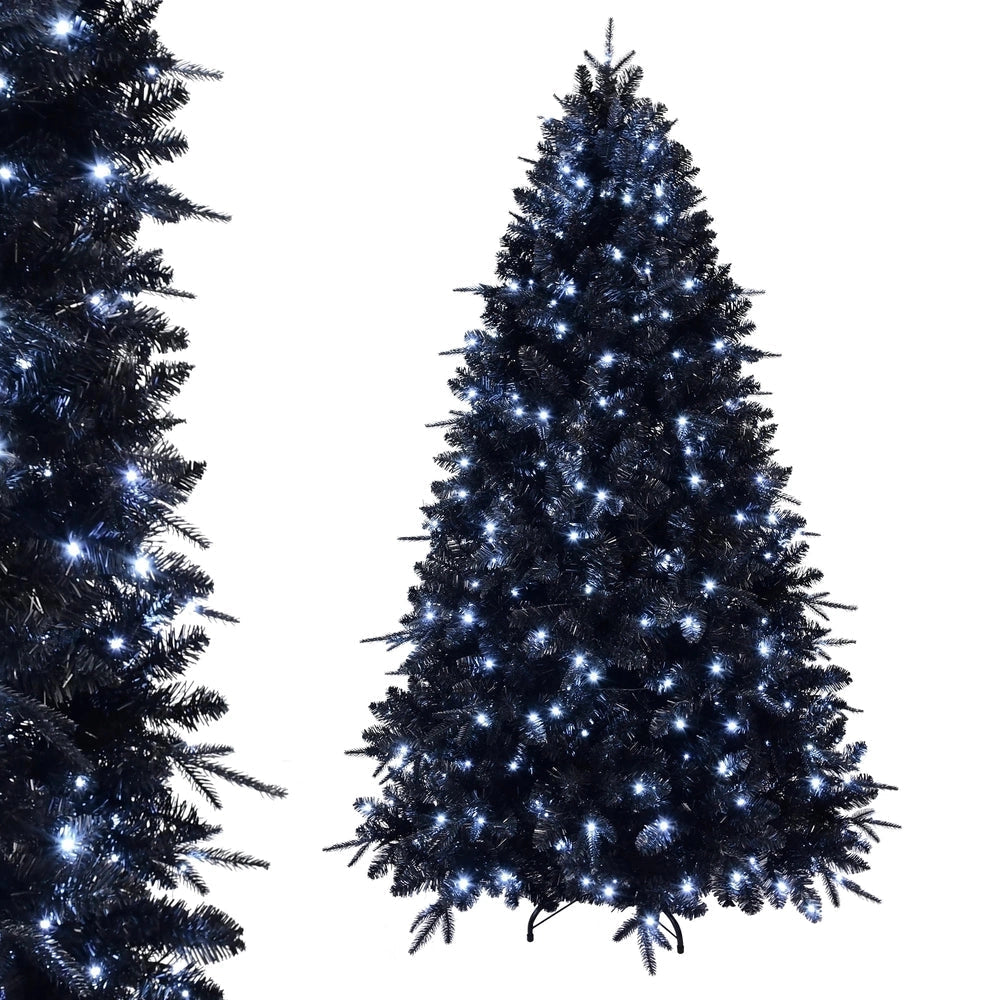Black Christmas tree with blue lights on a white background