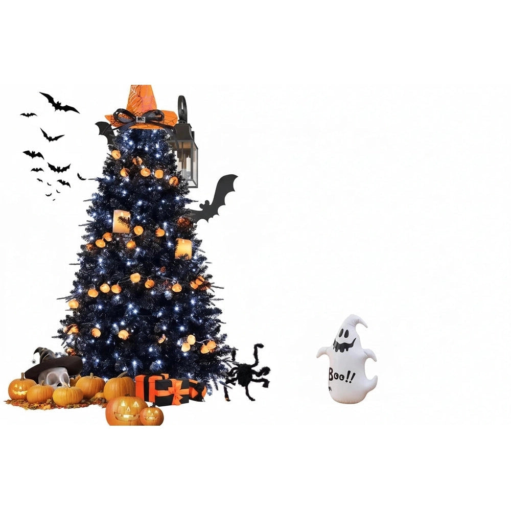 Halloween-themed tree with decorations on a white background