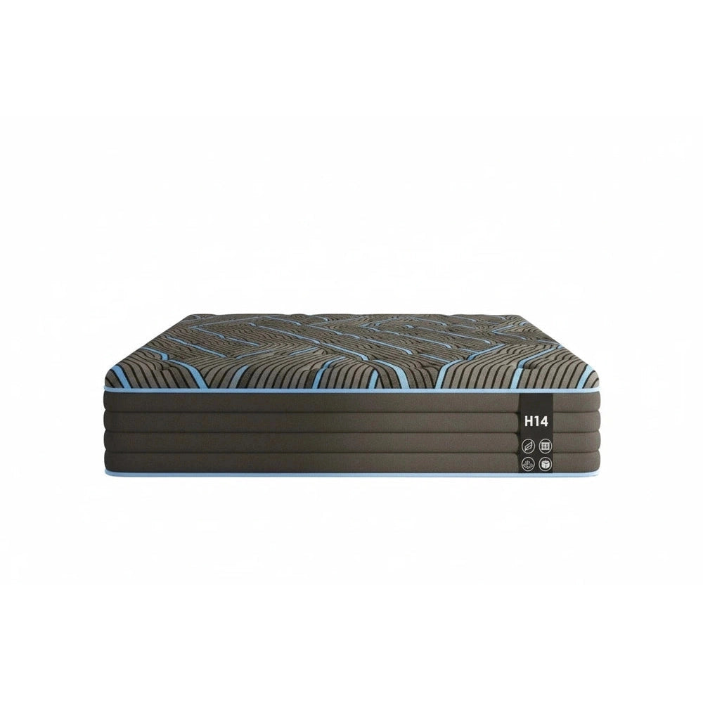 Mattress with a patterned top and visible brand logo on a white background