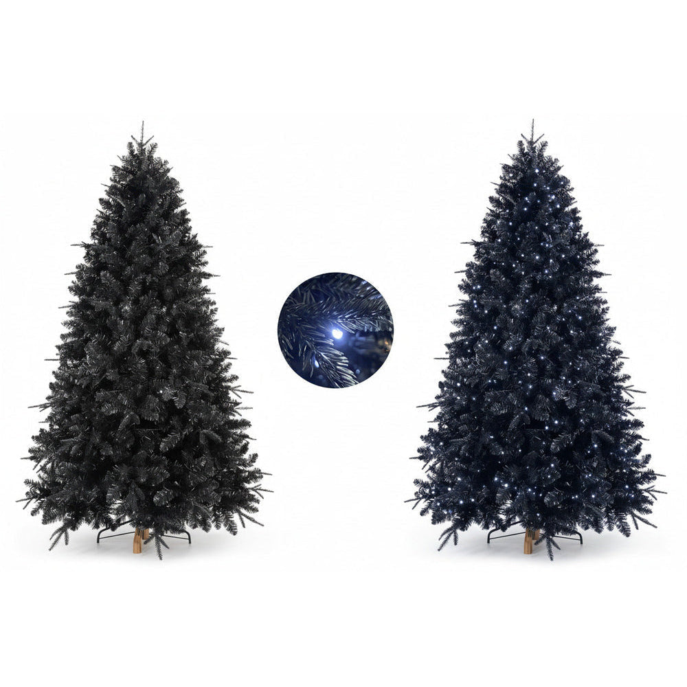 Two black Christmas trees with a close-up of their lights on a white background.