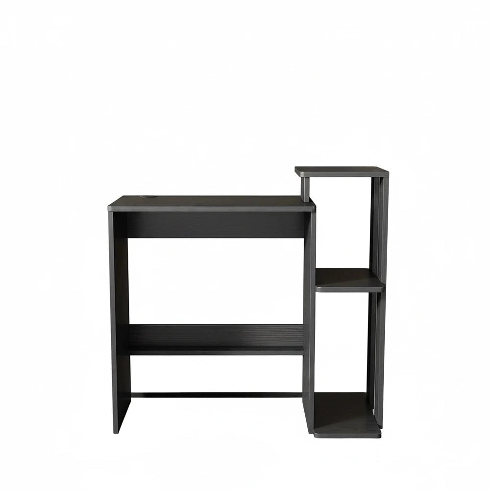 Black L-shaped desk on a white background