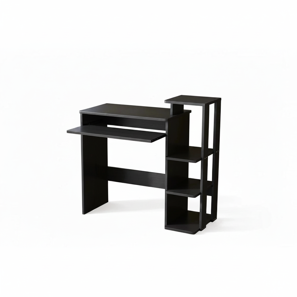Black computer desk with shelves on a white background