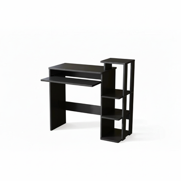 Black computer desk with shelves on a white background