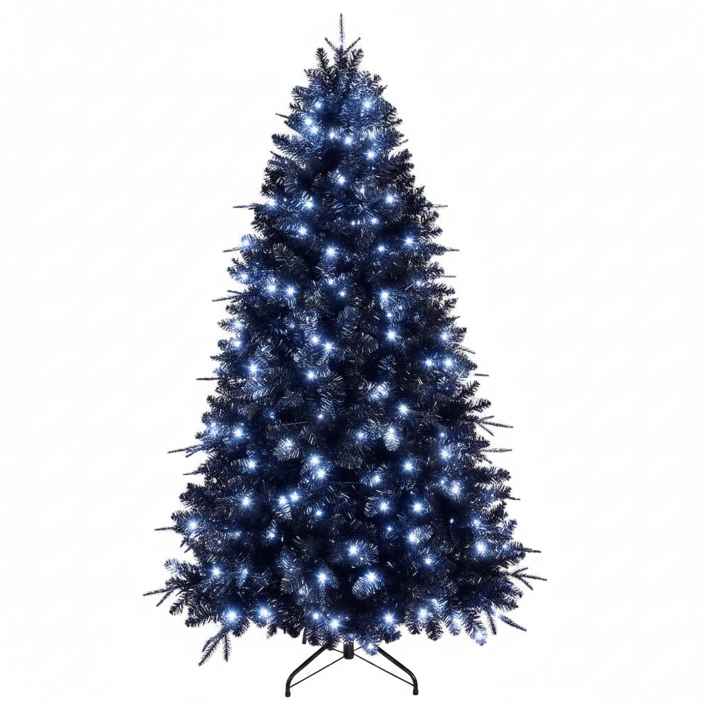 Blue artificial Christmas tree with lights on a white background