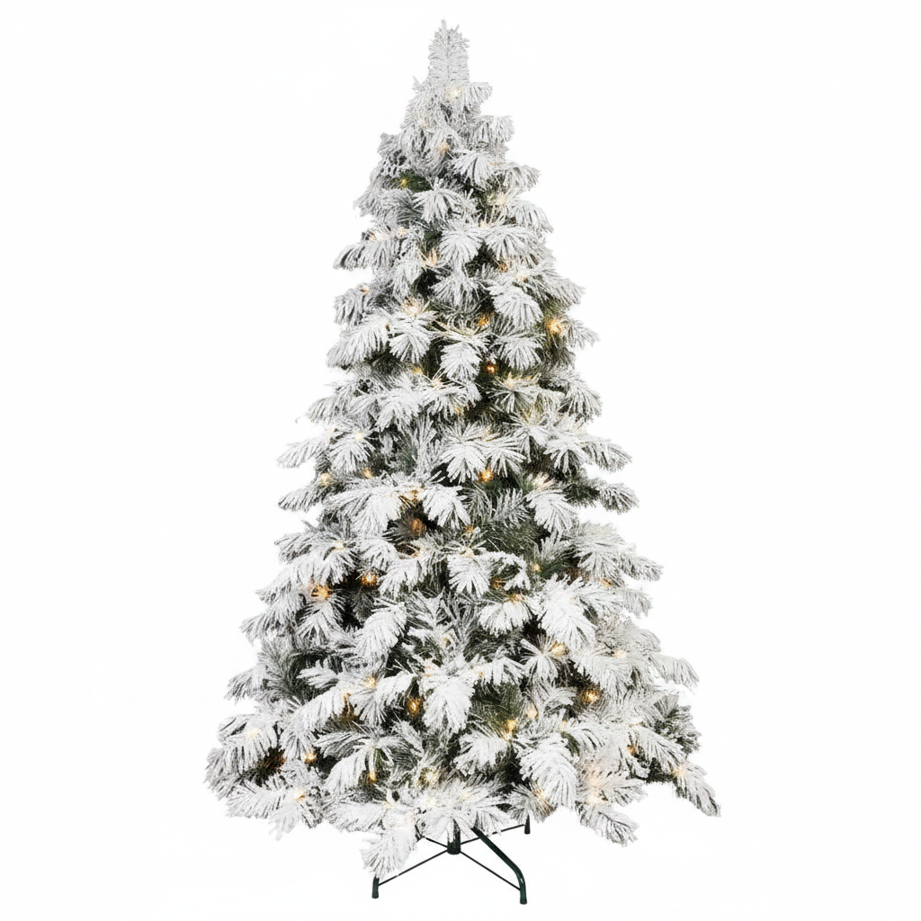 Frosted Christmas tree with lights on a white background