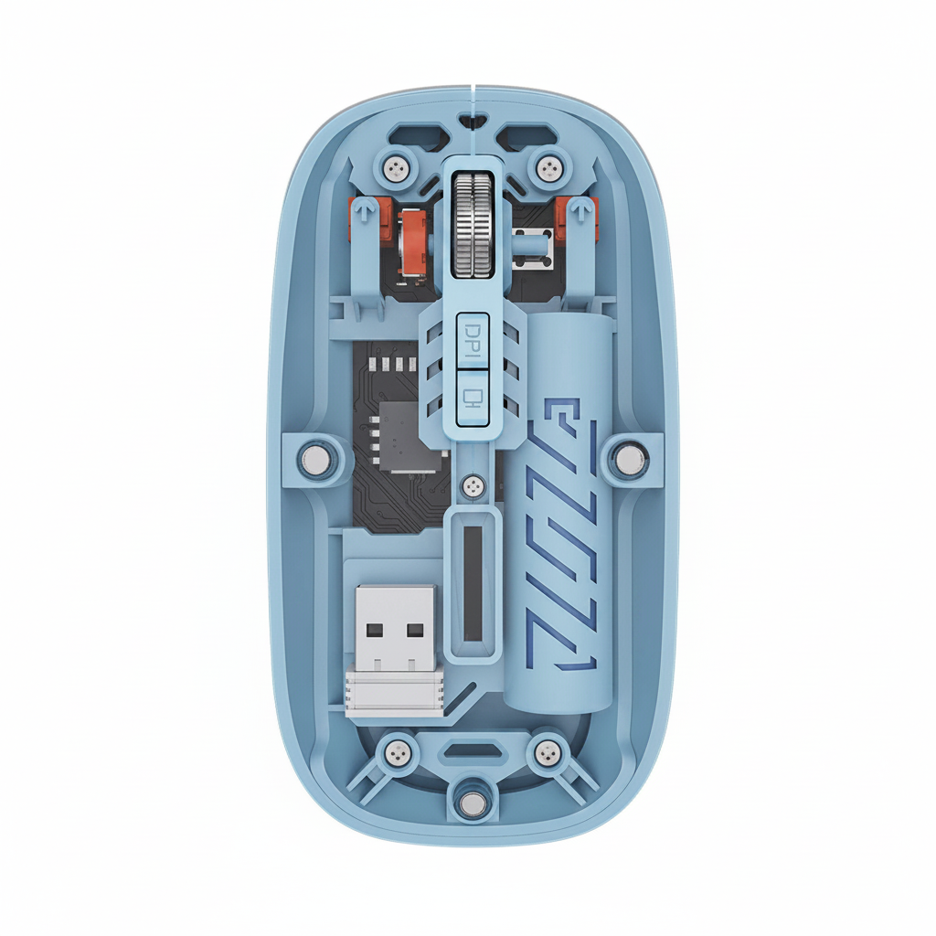 Blue computer mouse with USB receiver on a white background