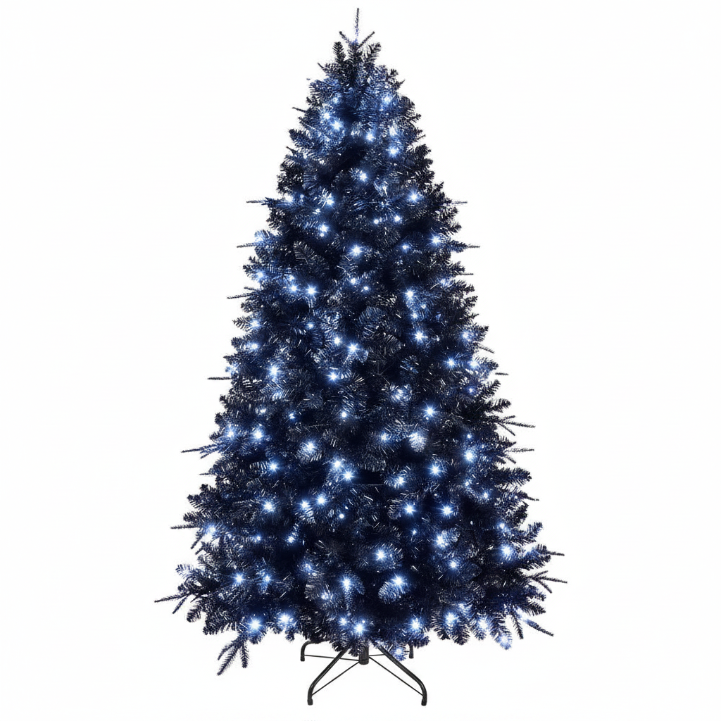 Blue artificial Christmas tree with lights on a white background