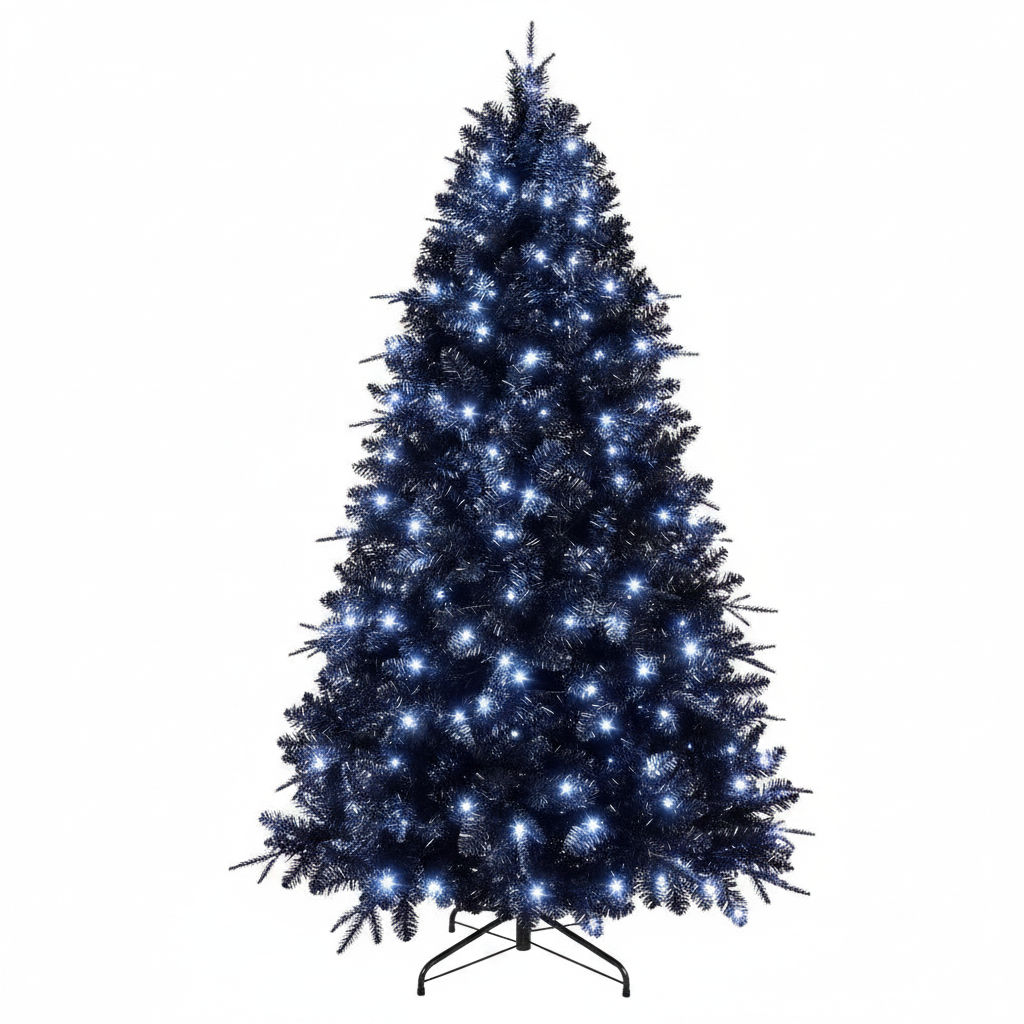 Decorative Christmas tree with blue lights on a white background