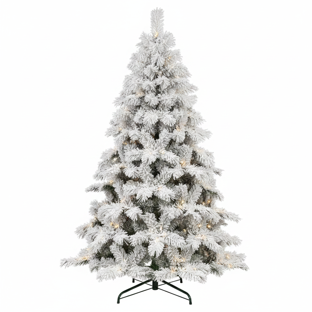 Frosted Christmas tree with lights on a white background