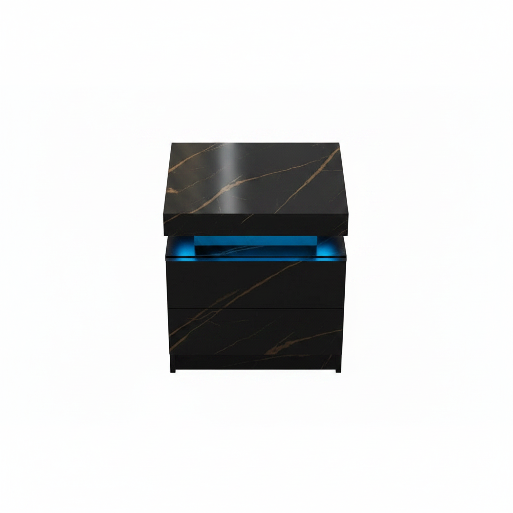 Black marble nightstand with blue LED lighting on a white background
