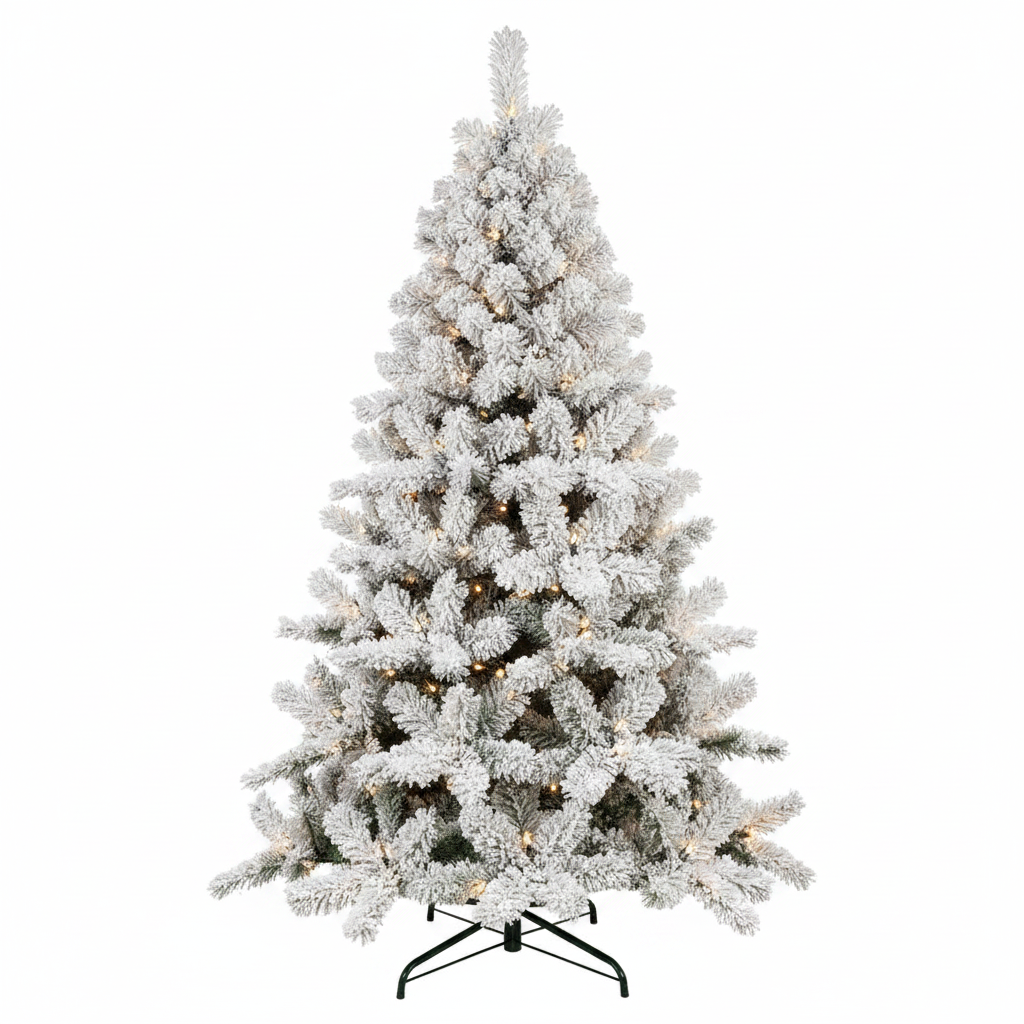 Frosted Christmas tree with lights on a white background