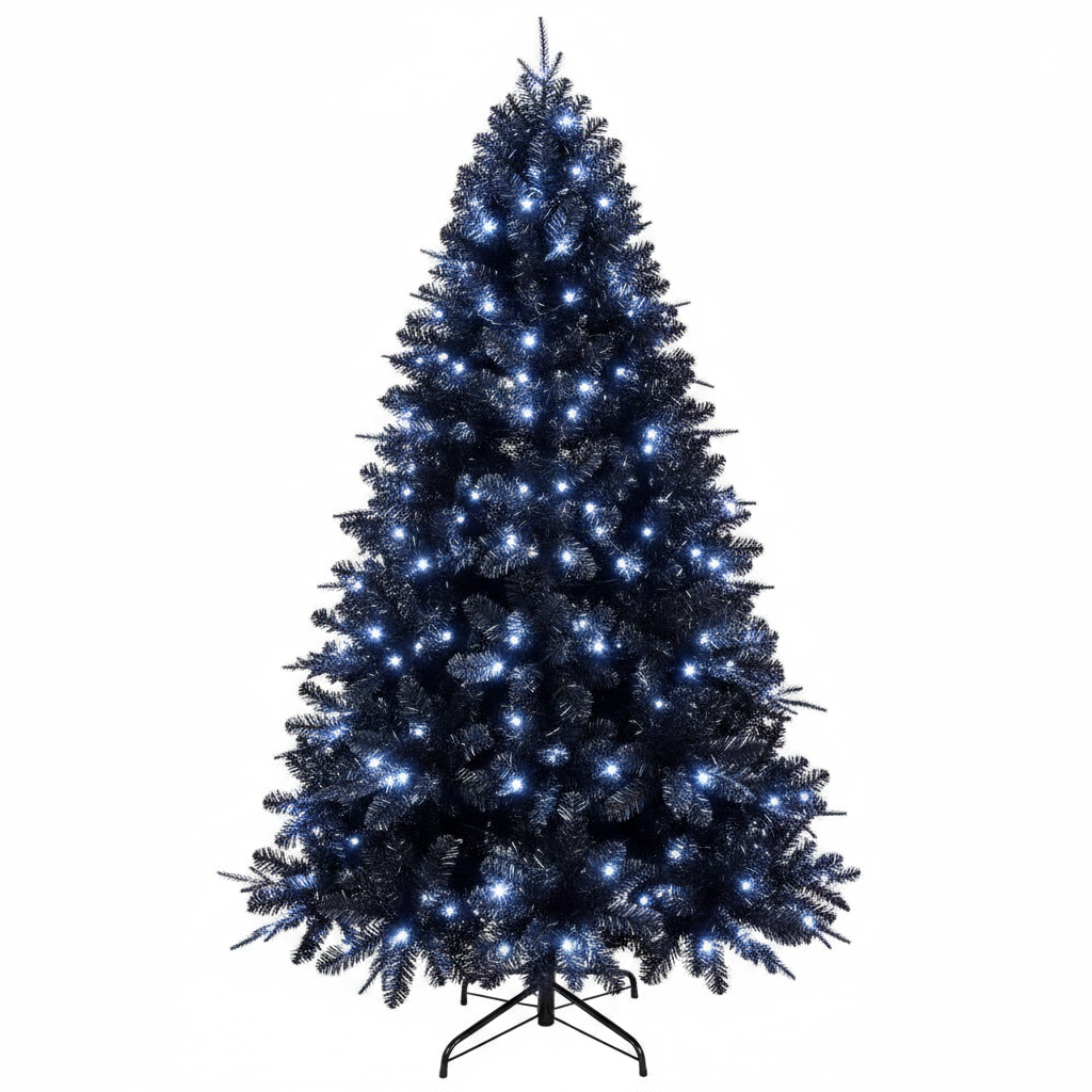 Decorative Christmas tree with blue lights on a white background