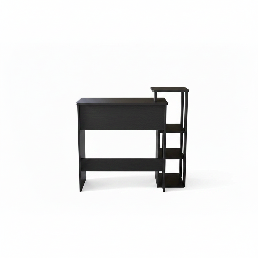 Black desk with a shelf on a white background