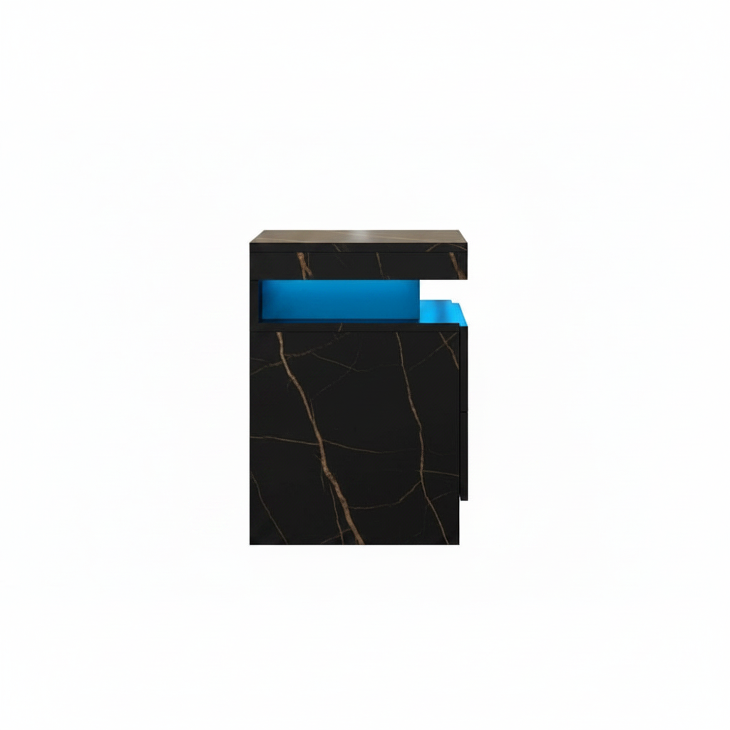 Modern side table with black marble finish and blue accents on a white background
