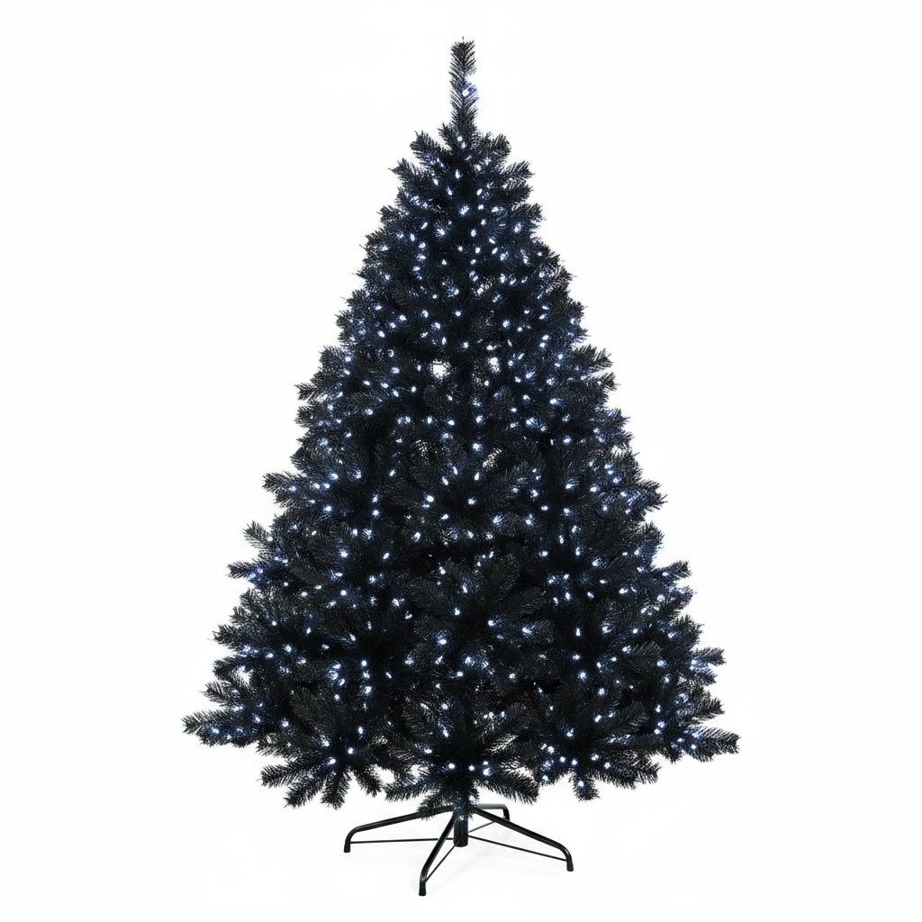 Black Christmas tree with white lights on a white background