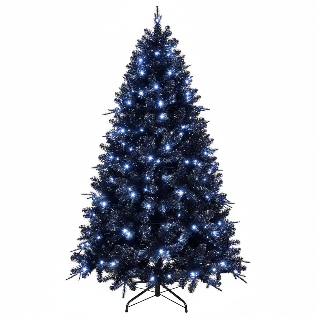 Decorative Christmas tree with blue lights on a white background