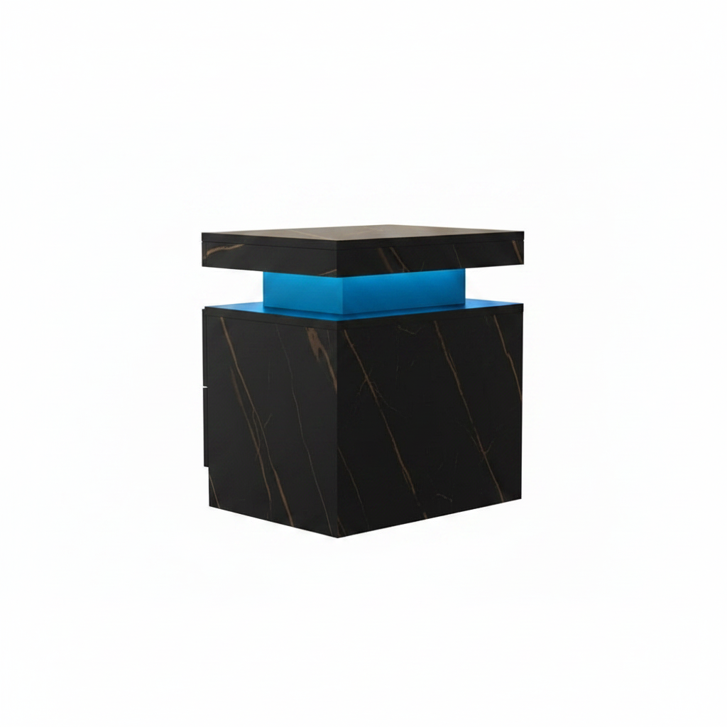 Black square table with a blue illuminated base on a white background