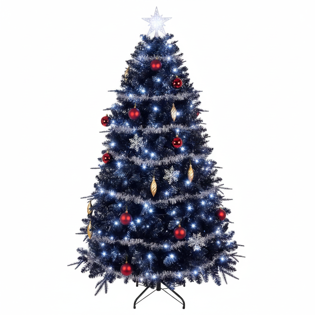 Decorated Christmas tree with lights and ornaments on a white background