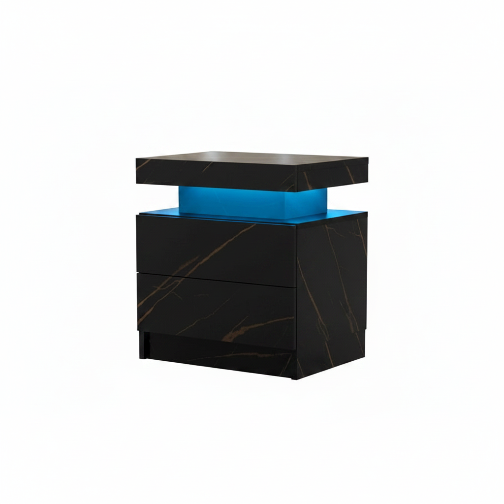 Modern side table with black marble-like finish and blue interior on a white background