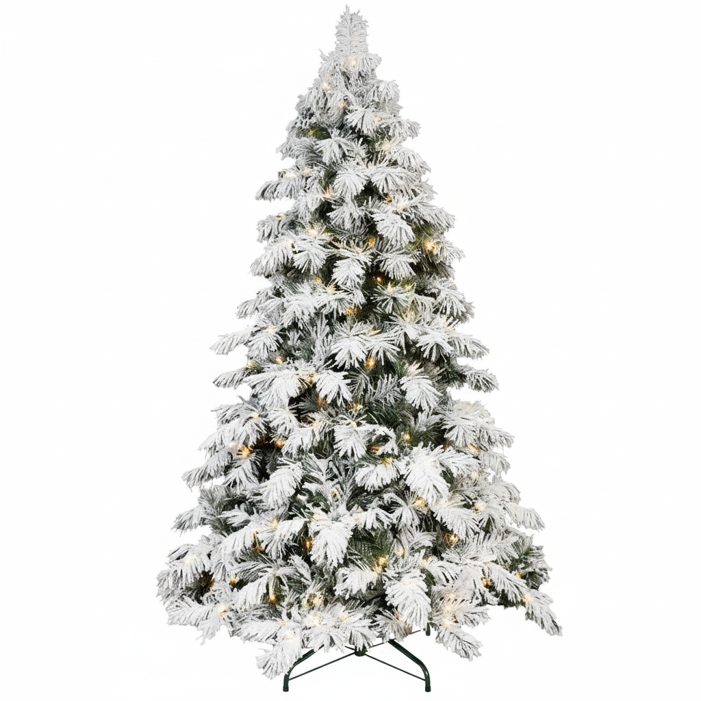 Frosted Christmas tree with lights on a white background