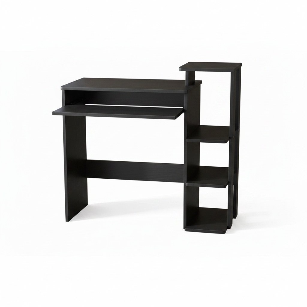 Black computer desk with shelves on a white background