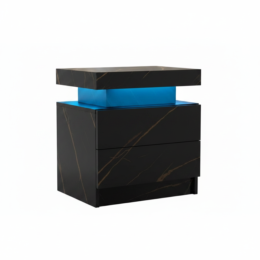 Black and blue nightstand with two drawers on a white background