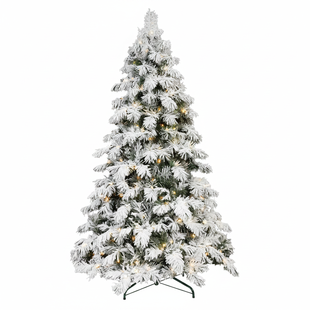 Frosted Christmas tree with lights on a white background